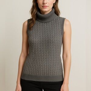 VINTAGE CAMEL HAIR LIGHT GREY DARK GREY CABLEKNIT SLEEVELESS TURTLENECK SWEATER